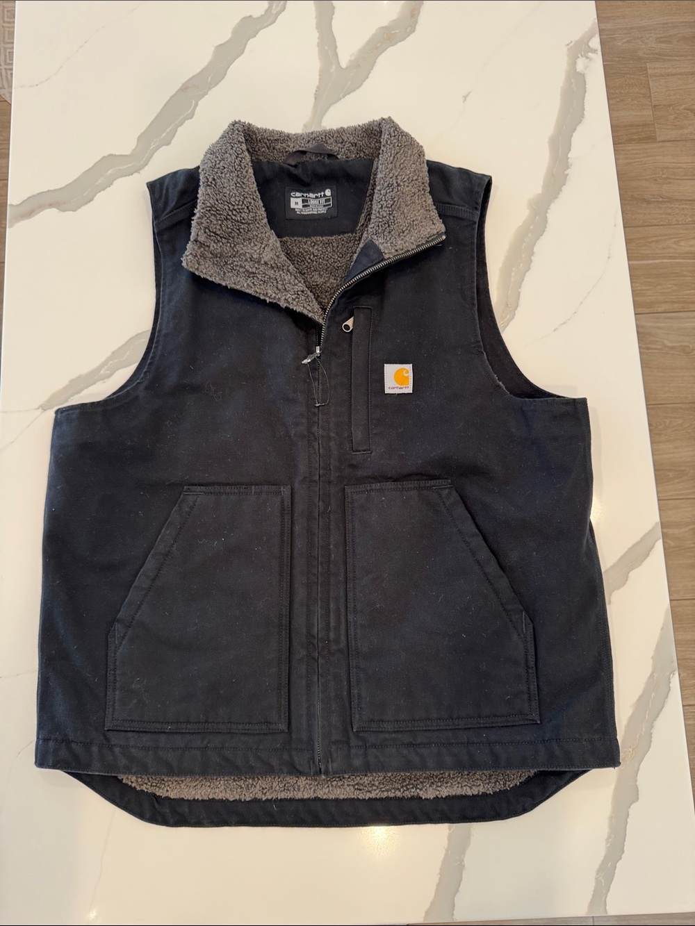 Carhartt Black Sherpa-Lined Work Vest with Gray Fleece Collar